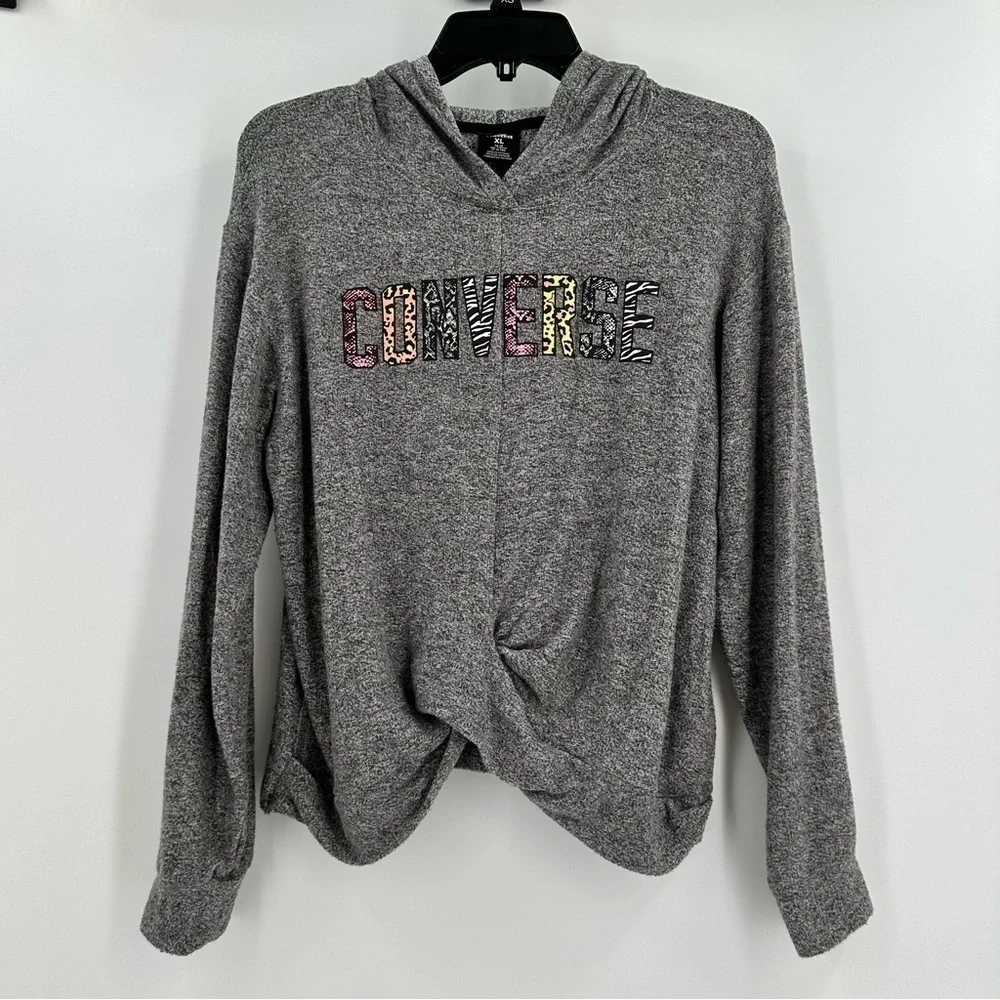 CONVERSE Girl’s Gray Soft Front-Tied Long Sleeve Hoodie Mixed Print Logo Size XL
